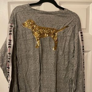 Pink Long Sleeve Heather Gray Gold Sequin Dog - image 1